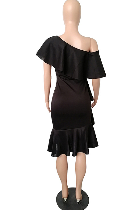 Yellow Cotton Blend New Ruffle Off Shoulder Collcet Waist Solid Color Irregularity Midi Dress A8401-3