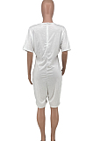 White Casual Lips Printing Short Sleeve V Neck With Pocket Loose Romper Shorts CYY00021-3