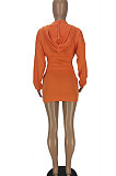 Orange Euramerican Solid Color Single-Breasted Hoodie Pocket Long Sleeve Skirts Sets QMQ7059-1