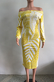 Wine Red Fashion Printing Long Sleeve A Wrod Shoulder Collcet Waist Long Dress A8241-1