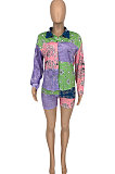 Color Matching Euramerican Women Trendy Casual Paisley Contrast Color Shirts Shorts Sets GLS10011