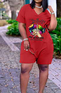 Red Casual Lips Printing Short Sleeve V Neck With Pocket Loose Romper Shorts CYY00021-1