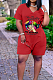 Red Casual Lips Printing Short Sleeve V Neck With Pocket Loose Romper Shorts CYY00021-1