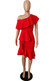 Red Cotton Blend New Ruffle Off Shoulder Collcet Waist Solid Color Irregularity Midi Dress A8401-1