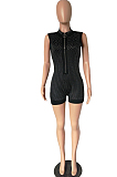 Blackish Green Hot Drilling Sleeveless Stand Collar Zipper Slim Fitting Romper Shorts A8357-1