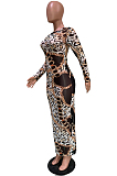 Green Printing Fashion Women Long Sleeve Round Collar Mesh See-Through Bodycon Dress BBN191-3