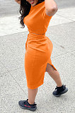 Black Women Pure Color Short Sleeve Round Neck Bandage Split Skirts Sets QMQ7061-1