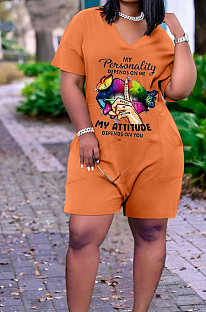 Orange Casual Lips Printing Short Sleeve V Neck With Pocket Loose Romper Shorts CYY00021-2