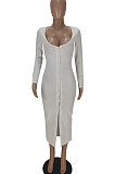 Pink Women Solid Color Long Sleeve V Neck Single-Breasted Long Dress QMQ7063-2