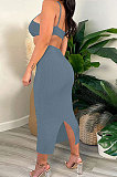 Black Women Sexy Fashion Ribber Condole Belt Solid Color Dew Waist Split Long Dress GLS8172-3