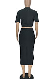 Black Women Pure Color Short Sleeve Round Neck Bandage Split Skirts Sets QMQ7061-1