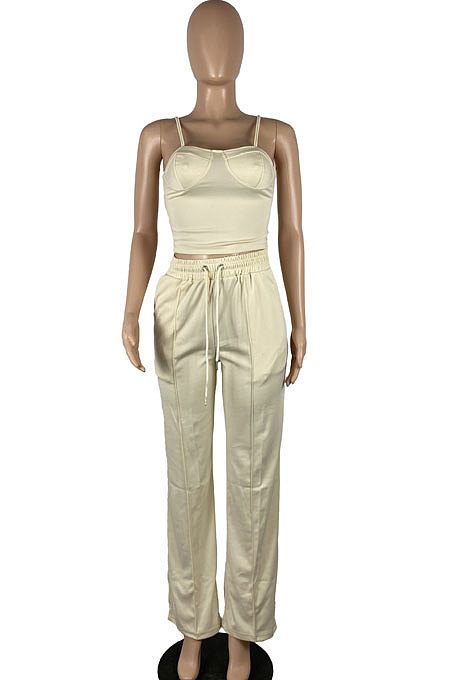 SUPER WHOLESALE | Nude Fashion Women Condole Belt Tank Drawsting Solid Color Pants Sets CY1345-1