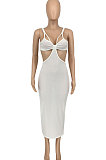 Black Women Sexy Fashion Ribber Condole Belt Solid Color Dew Waist Split Long Dress GLS8172-3