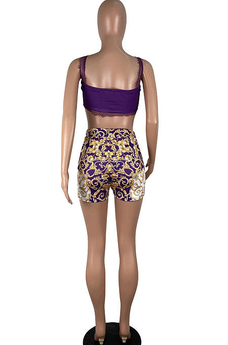 Black Women Condole Belt Tank Sexy Printing Lace Shorts Sets CY1197-2