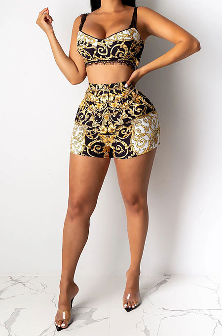 Black Women Condole Belt Tank Sexy Printing Lace Shorts Sets CY1197-2