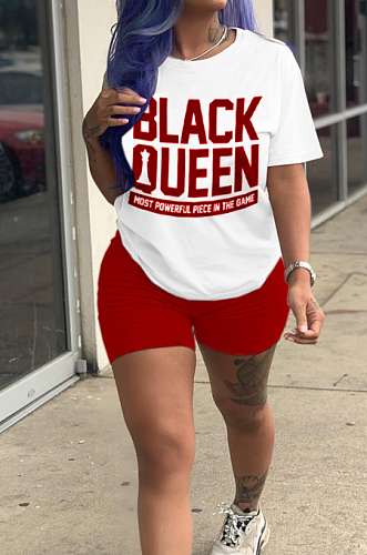 Red Fashion Letter Printing Short Sleeve Round Neck T-Shirts Shorts Casual Two-Piece CYY8095-1