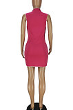 Rose Red Women Pure Color Sleeveless Spliced Sexy Round Neck Mini Dress QMQ7056-1