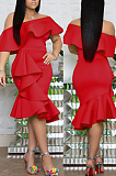 Yellow Cotton Blend New Ruffle Off Shoulder Collcet Waist Solid Color Irregularity Midi Dress A8401-3
