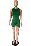 Blackish Green Hot Drilling Sleeveless Stand Collar Zipper Slim Fitting Romper Shorts A8357-1