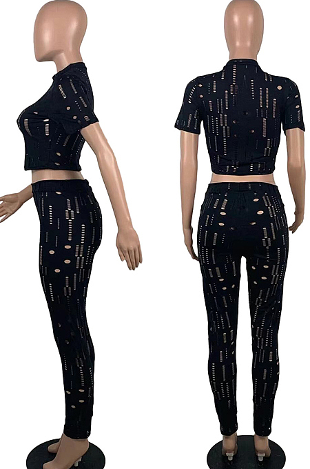 Blue Autumn Summer Hollow Out Pure Color Short Sleeve Round Neck Dew Waist Pencil Pants Sports Sets YFS10016-3