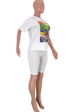 Red Casual Women Cartoon Graphic Short Sleeve Round Collar T-Shirts Shorts Loose Sports Sets CYY8537-3