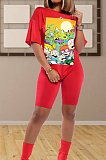 Red Casual Women Cartoon Graphic Short Sleeve Round Collar T-Shirts Shorts Loose Sports Sets CYY8537-3