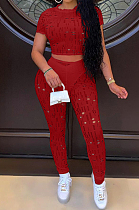 Red Autumn Summer Hollow Out Pure Color Short Sleeve Round Neck Dew Waist Pencil Pants Sports Sets YFS10016-2