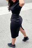 Black Women Pure Color Short Sleeve Round Neck Bandage Split Skirts Sets QMQ7061-1