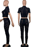 Orange Autumn Summer Hollow Out Pure Color Short Sleeve Round Neck Dew Waist Pencil Pants Sports Sets YFS10016-1