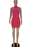 Rose Red Women Pure Color Sleeveless Spliced Sexy Round Neck Mini Dress QMQ7056-1