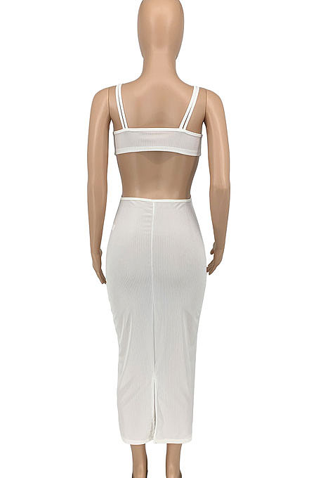 Light Blue Women Sexy Fashion Ribber Condole Belt Solid Color Dew Waist Split Long Dress GLS8172-2