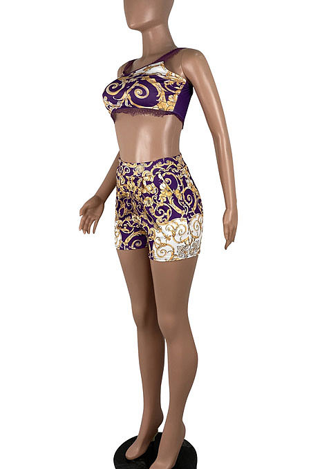 Purple Women Condole Belt Tank Sexy Printing Lace Shorts Sets CY1197-1