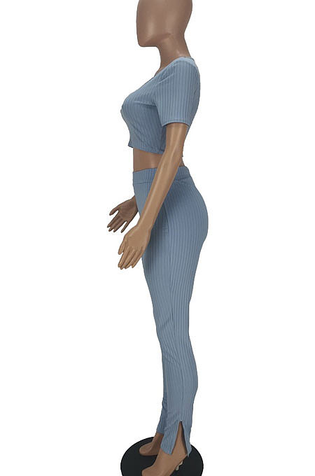 Light Blue Women Ribber Pure Color Short Sleeve Split Pants Sets QMQ7060-1