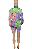 Color Matching Euramerican Women Trendy Casual Paisley Contrast Color Shirts Shorts Sets GLS10011