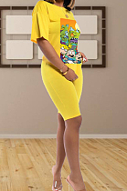 Yellow Casual Women Cartoon Graphic Short Sleeve Round Collar T-Shirts Shorts Loose Sports Sets CYY8537-1