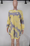 Pink Wholesal Tie Dye Printing Long Sleeve Round Neck Not With Belt Loose Mini Dress A8591-1