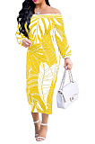 Yellow Fashion Printing Long Sleeve A Wrod Shoulder Collcet Waist Long Dress A8241-2