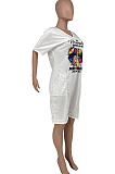 White Casual Lips Printing Short Sleeve V Neck With Pocket Loose Romper Shorts CYY00021-3