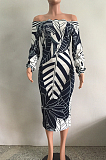 Yellow Fashion Printing Long Sleeve A Wrod Shoulder Collcet Waist Long Dress A8241-2
