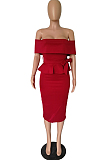 Black Elegant Fashion A Wrod Shoulder Slim Fitting Ruffle Top Tight Slit A Line Skirts Sets A8402-2