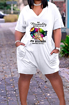 White Casual Lips Printing Short Sleeve V Neck With Pocket Loose Romper Shorts CYY00021-3