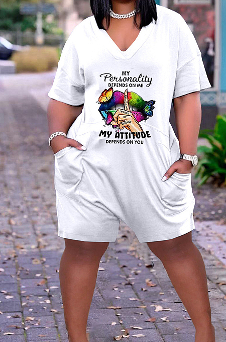 White Casual Lips Printing Short Sleeve V Neck With Pocket Loose Romper Shorts CYY00021-3