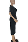 Orange Women Pure Color Short Sleeve Round Neck Bandage Split Skirts Sets QMQ7061-2