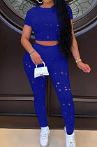 Blue Autumn Summer Hollow Out Pure Color Short Sleeve Round Neck Dew Waist Pencil Pants Sports Sets YFS10016-3