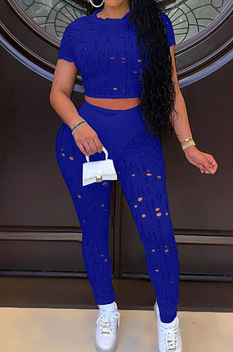 Blue Autumn Summer Hollow Out Pure Color Short Sleeve Round Neck Dew Waist Pencil Pants Sports Sets YFS10016-3