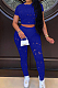 Blue Autumn Summer Hollow Out Pure Color Short Sleeve Round Neck Dew Waist Pencil Pants Sports Sets YFS10016-3