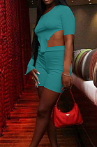 Navy Cyan  Euramerican Women Irregularity Long Short Sleeve Round Collar Dew Waist T-Shirts Shorts Pure Color Two-Piece SZS9068-2