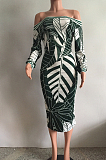 Yellow Fashion Printing Long Sleeve A Wrod Shoulder Collcet Waist Long Dress A8241-2