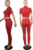 Red Autumn Summer Hollow Out Pure Color Short Sleeve Round Neck Dew Waist Pencil Pants Sports Sets YFS10016-2