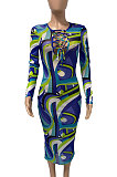 Blue Women Mesh Spaghetti Printing Bandage Hollow Out Midi Dress XQ1144-1